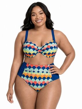Plus Size High-Waist Bikini Set in Multicolor Scallop Print and Blue